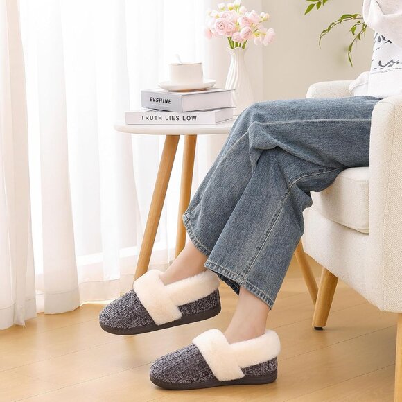 ⚡Women's Dark Grey Memory Foam Slippers Closed Back Knit Slip On House Shoes - Picture 2 of 5